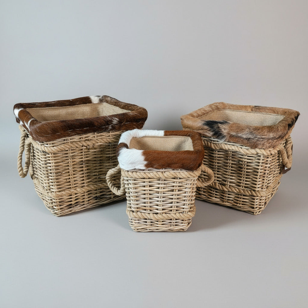 luxury rattan log storage baskets fur trimmed