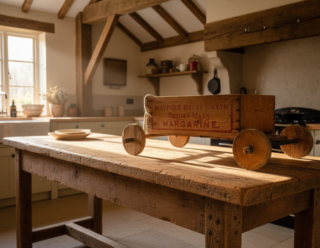 Wooden crate with wheels on a white surface, featuring 'Maypole Dairies Co. Ltd. British Made Margarine' text.
