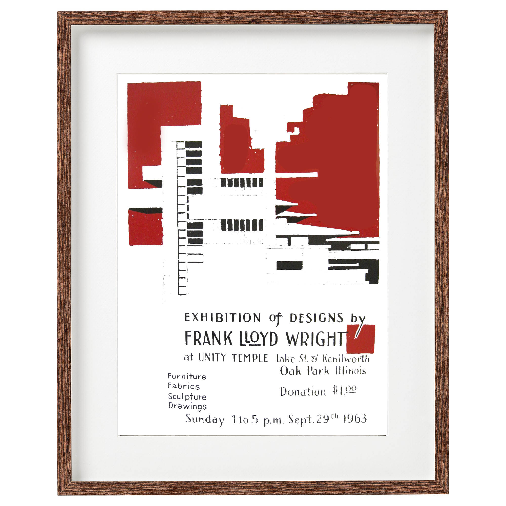 Framed poster of Frank Lloyd Wright exhibition with red and black abstract design