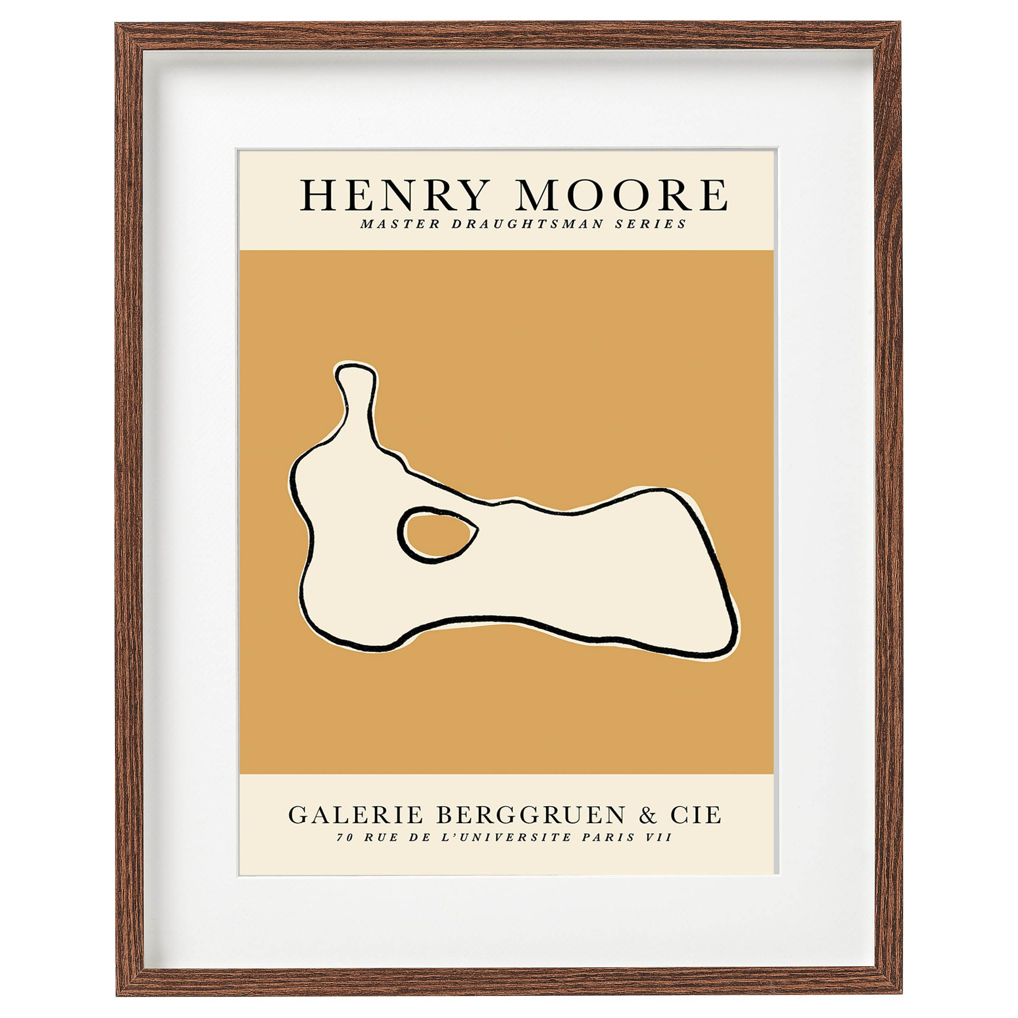 Framed art print featuring a abstract sculpture by Henry Moore with a brown background.