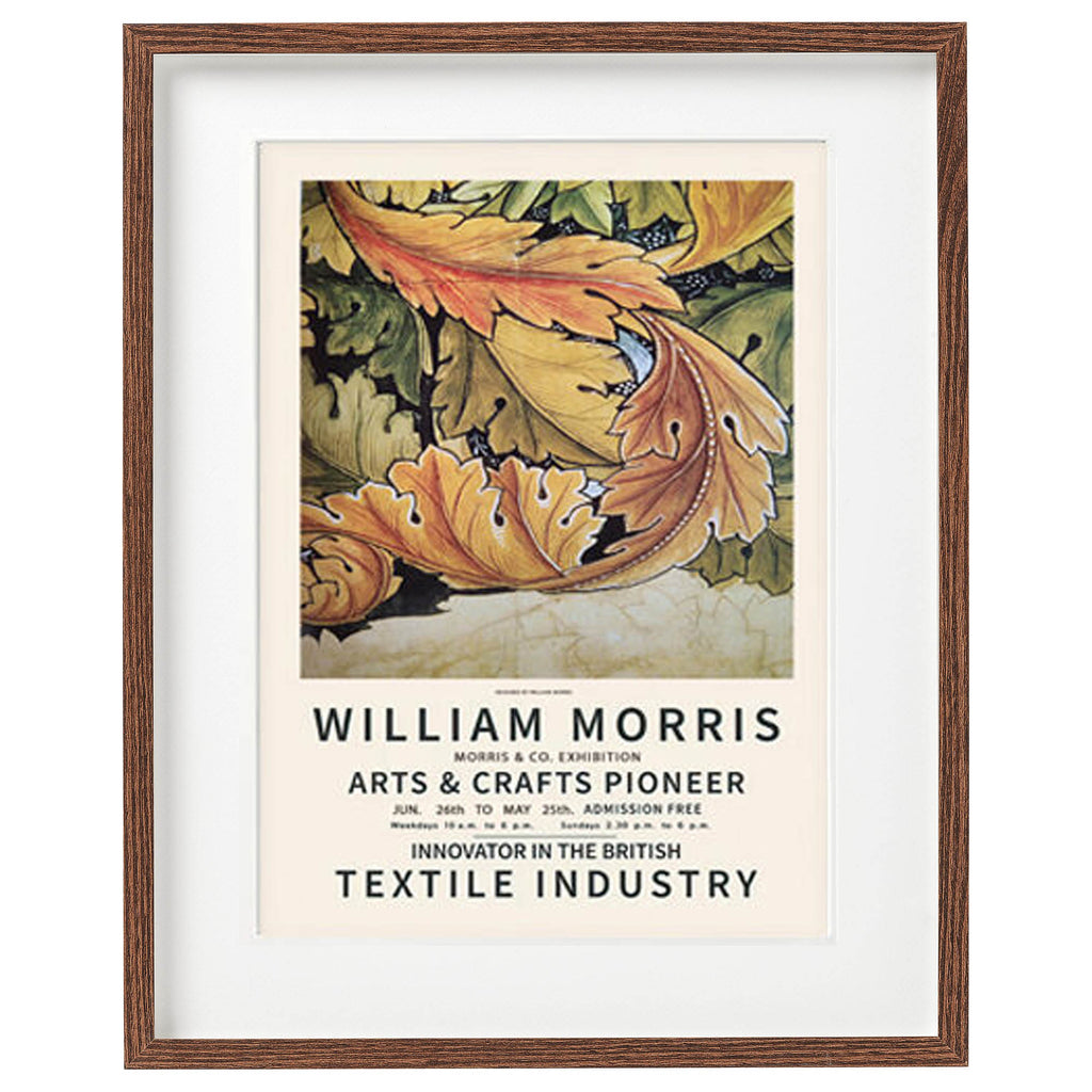 Framed poster of William Morris with leaf design and text about his contributions.