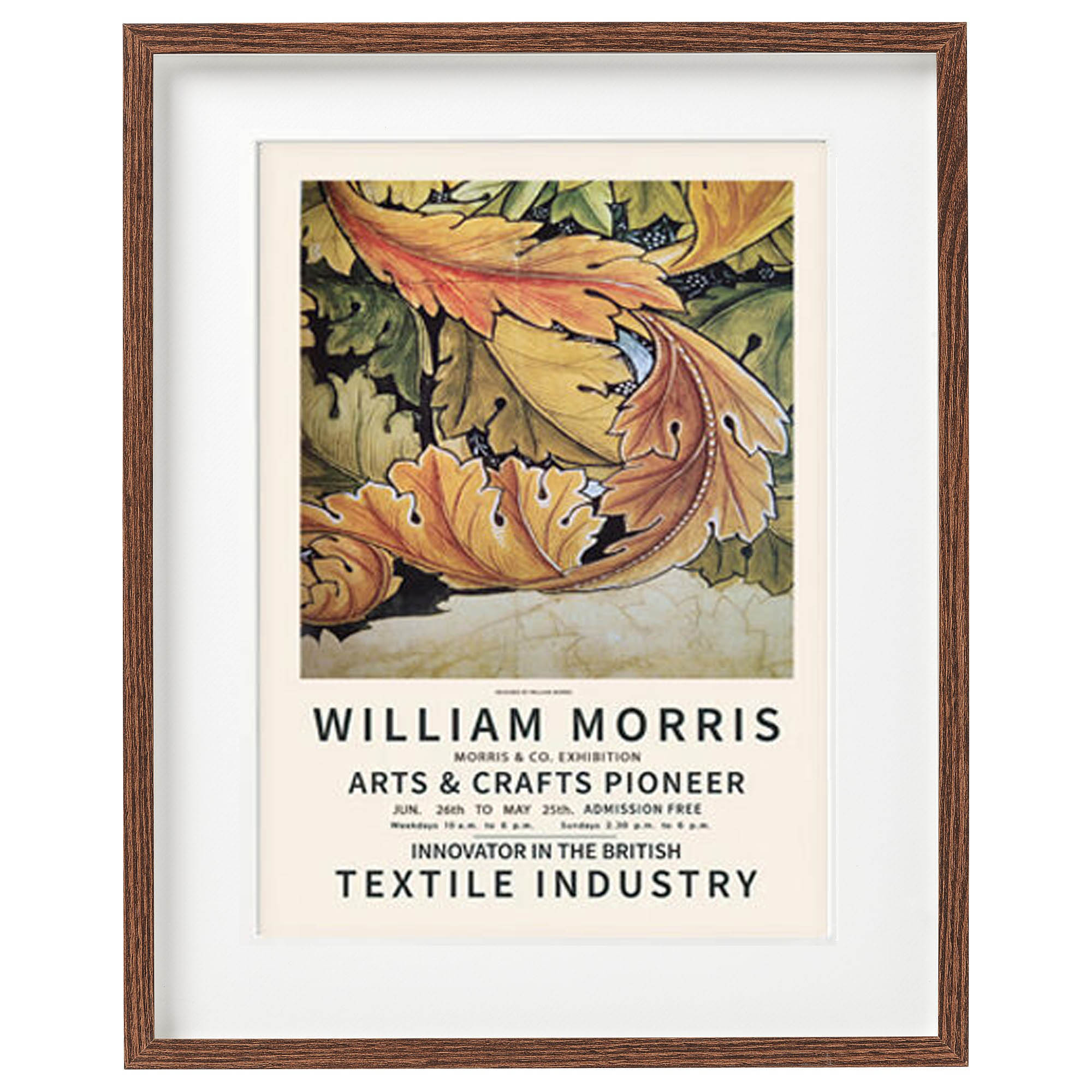 Framed poster of William Morris with leaf design and text about his contributions.