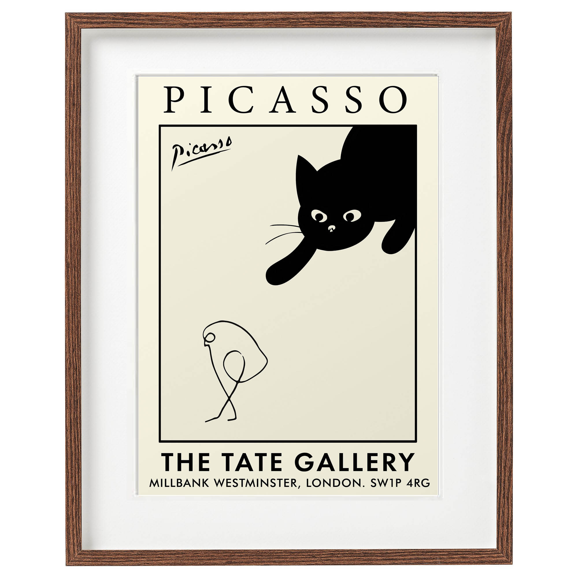 Framed poster of Picasso's artwork featuring a black cat and bird, displayed at The Tate Gallery.