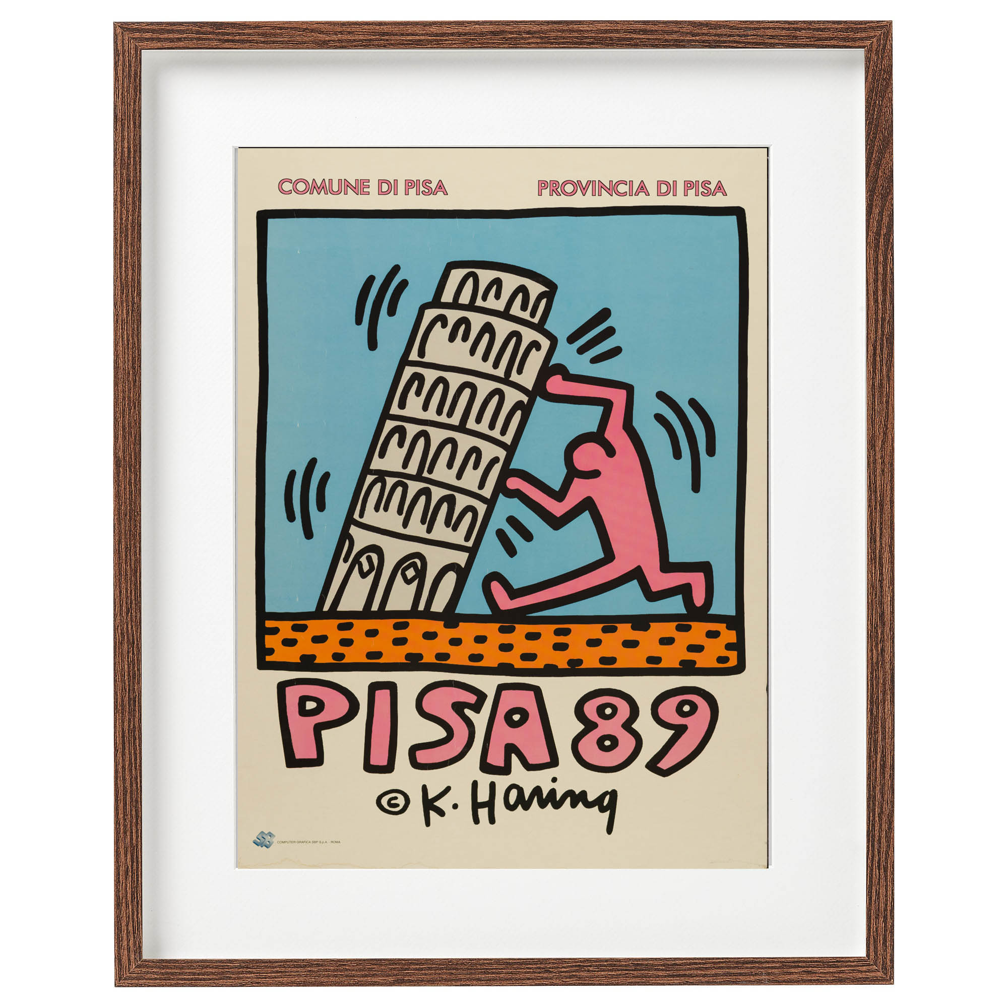 Framed poster of a stylized illustration of the Leaning Tower of Pisa with a person trying to hold it up, signed by Keith Haring.